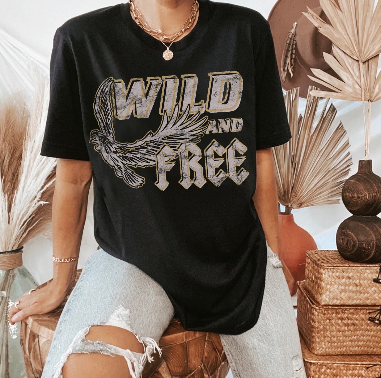 Wild and Free Distressed Rocker Graphic Tee Free Bird T-Shirt
