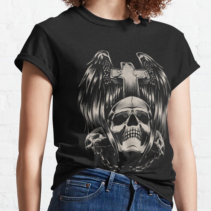 3 Skulls And Cross Tattoo Art Gothic Emo Punk Death Metal Classic T-Shirt