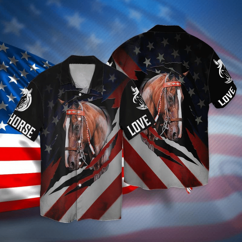 4th Of July Independence Day Love Horse American Flag For Men And Women Graphic Print Short Sleeve Hawaiian Casual Shirt Y97