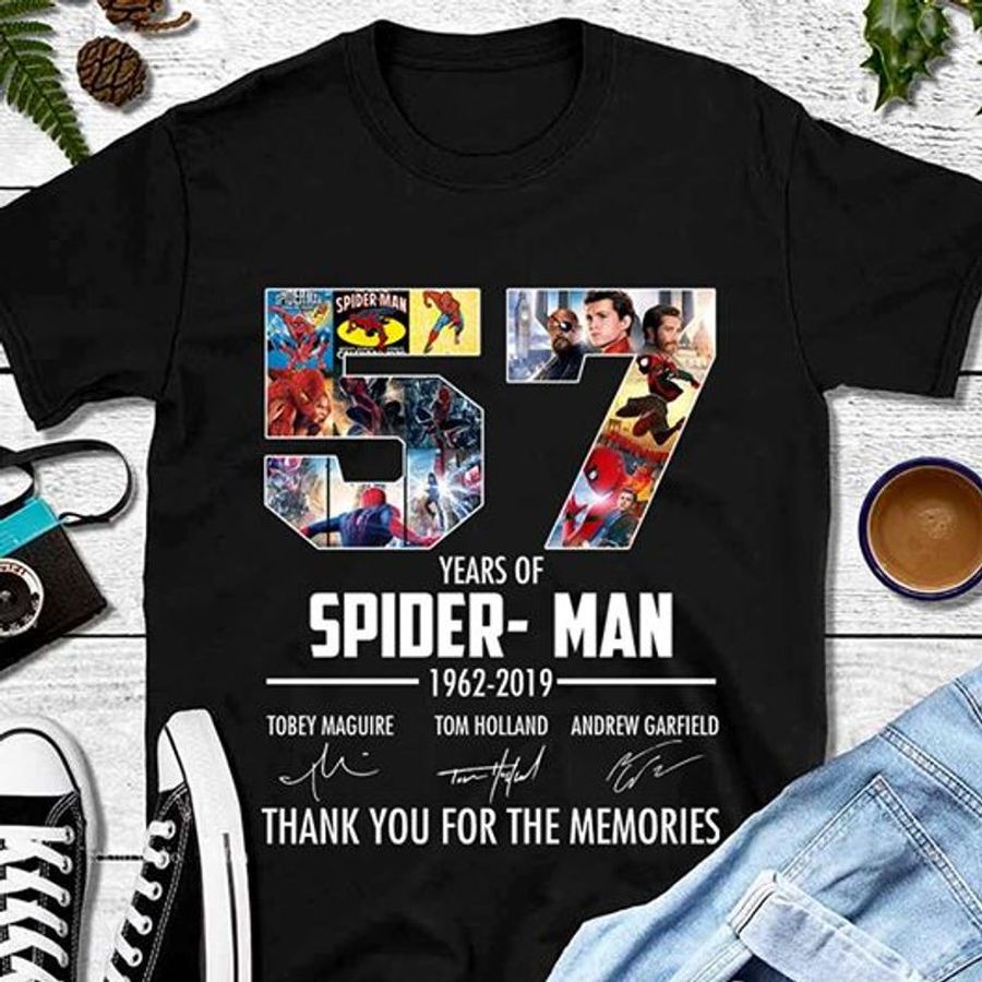 57 Years Of Spider Man 1962 2019 Tobey Maguire Tom Holland Andrew Garfield Thank You For The Memories T Shirt Black B1 68lmp Plus Size