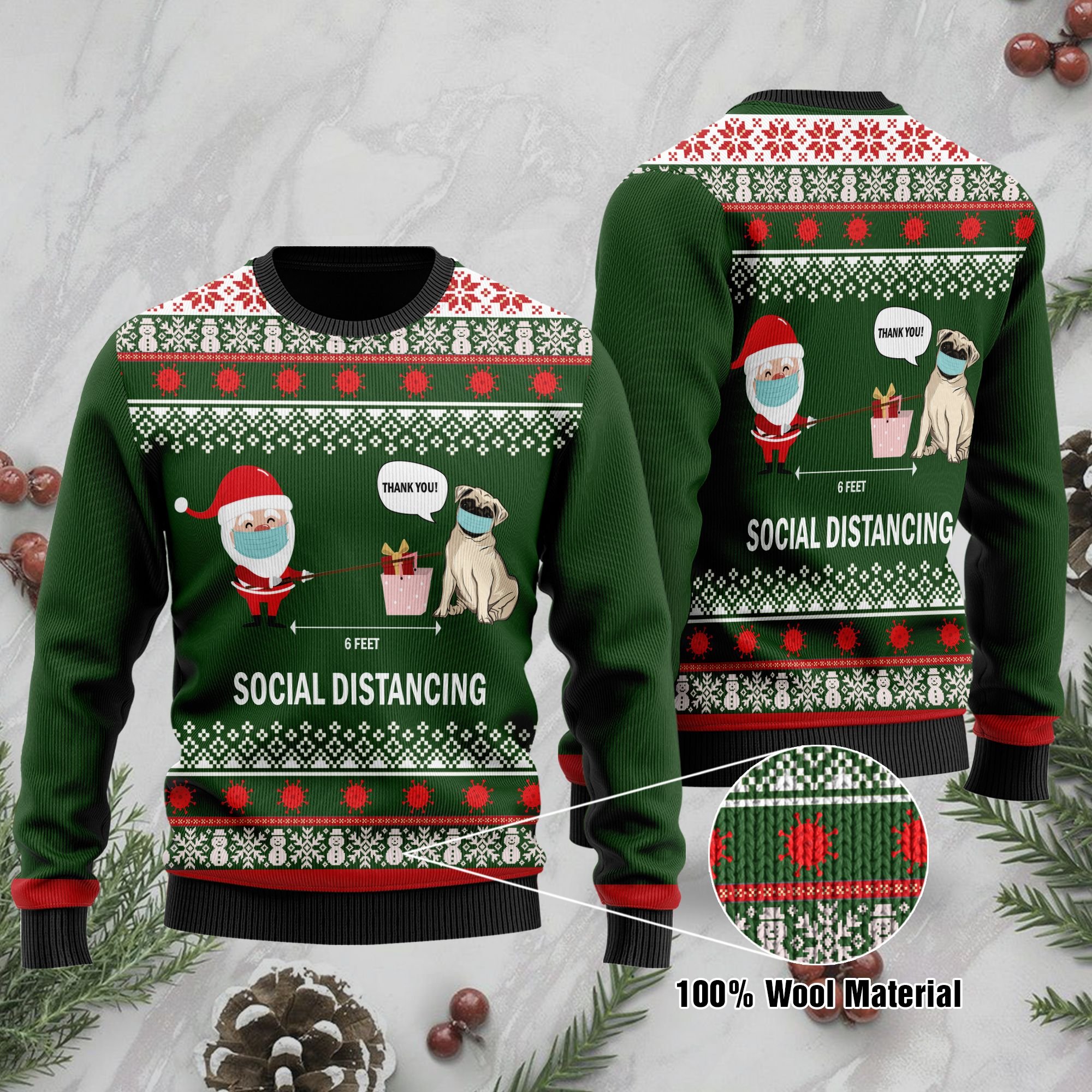 6 Feet Social Distancing Pug And Santa Claus Ugly Sweater