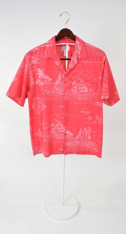 70s  80s Aloha Mens Hawaiian Island Map Shirt in Vivid Coral  Cotton Button Up Tropical Shirt by Helena's Hawaii