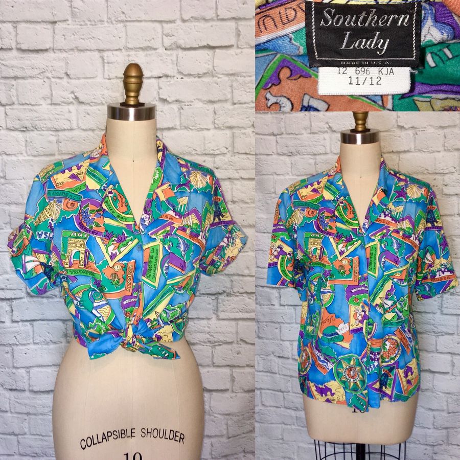 90s Blue Vacation Destination Hawaiian Shirt Blouse floral Short Sleeves size 11 12