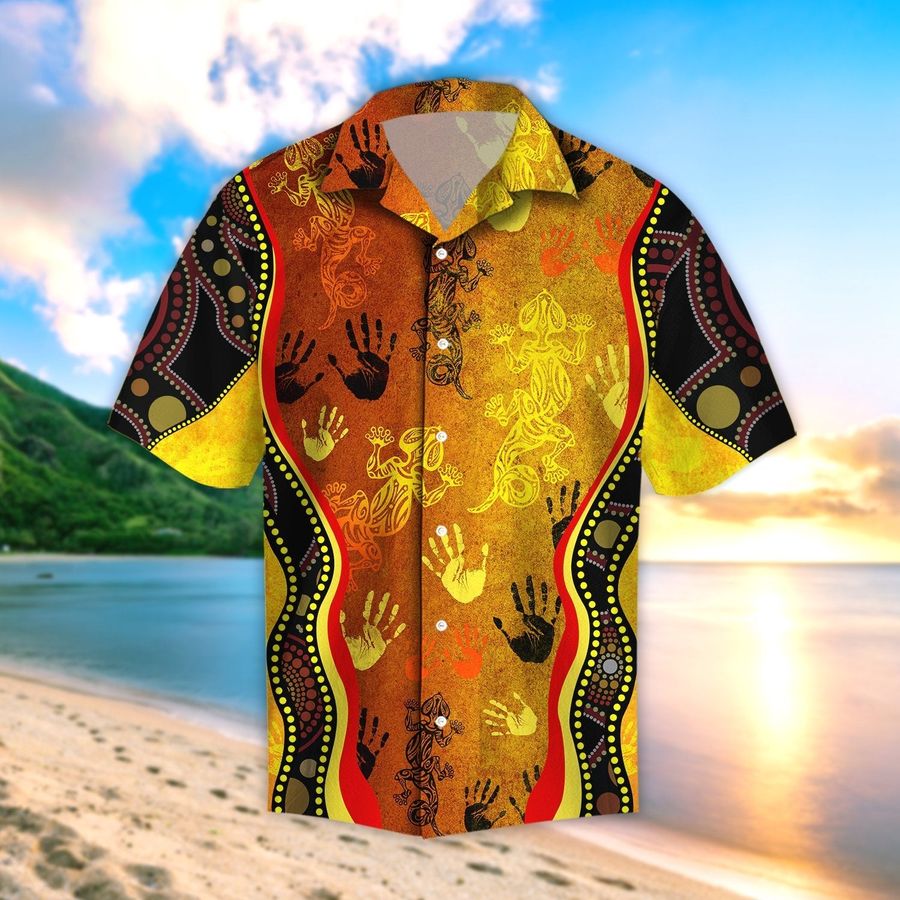 Aboriginal Australia Rock Painting Hand Lizard Art Golden Style Beach Hawaiian Shirt Pre10070, Hawaiian shirt, beach shorts, One-Piece Swimsuit, Polo shirt