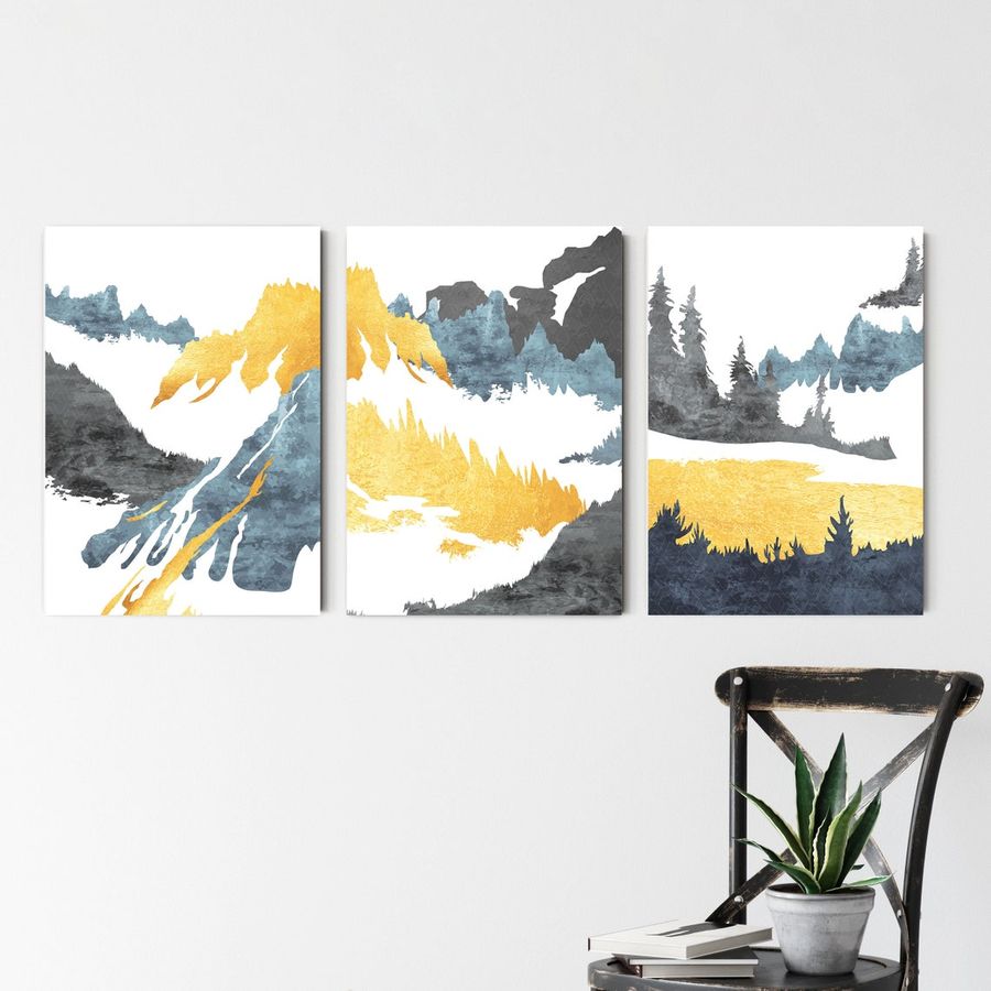 Abstract Forest Mountain Landscape Set of 3 Wall Art Prints, Hiking Outdoors Hill Walking Painting, Gold Black White Fine Art Home Decor