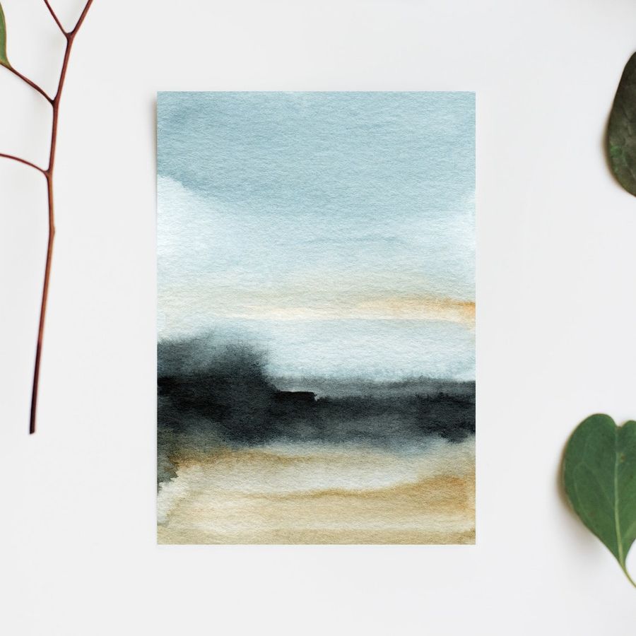 Abstract Rocky Beach Landscape Watercolour Painting, Ocean Wall Art Print on Fine Art Paper, Watercolor Costal Stormy Scenic Wall Art Prints