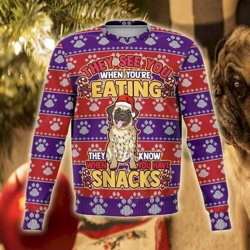 Adorable Pug Snacks Ugly Christmas Sweater All Over Print Sweatshirt