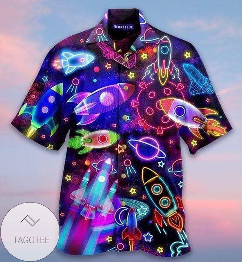 Amazing Neon Colorful Light Rocket In Outer Space Unisex Hawaiian Aloha Shirts