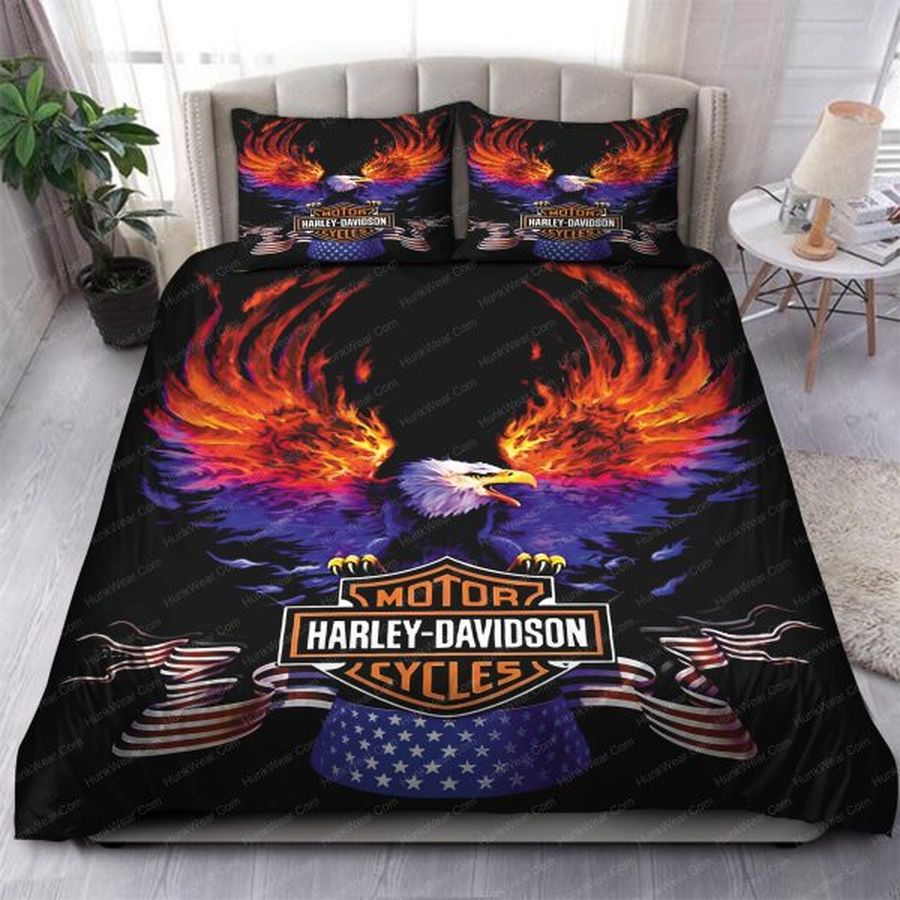 American Eagle Harley Davidson In Black Background Bedding Set