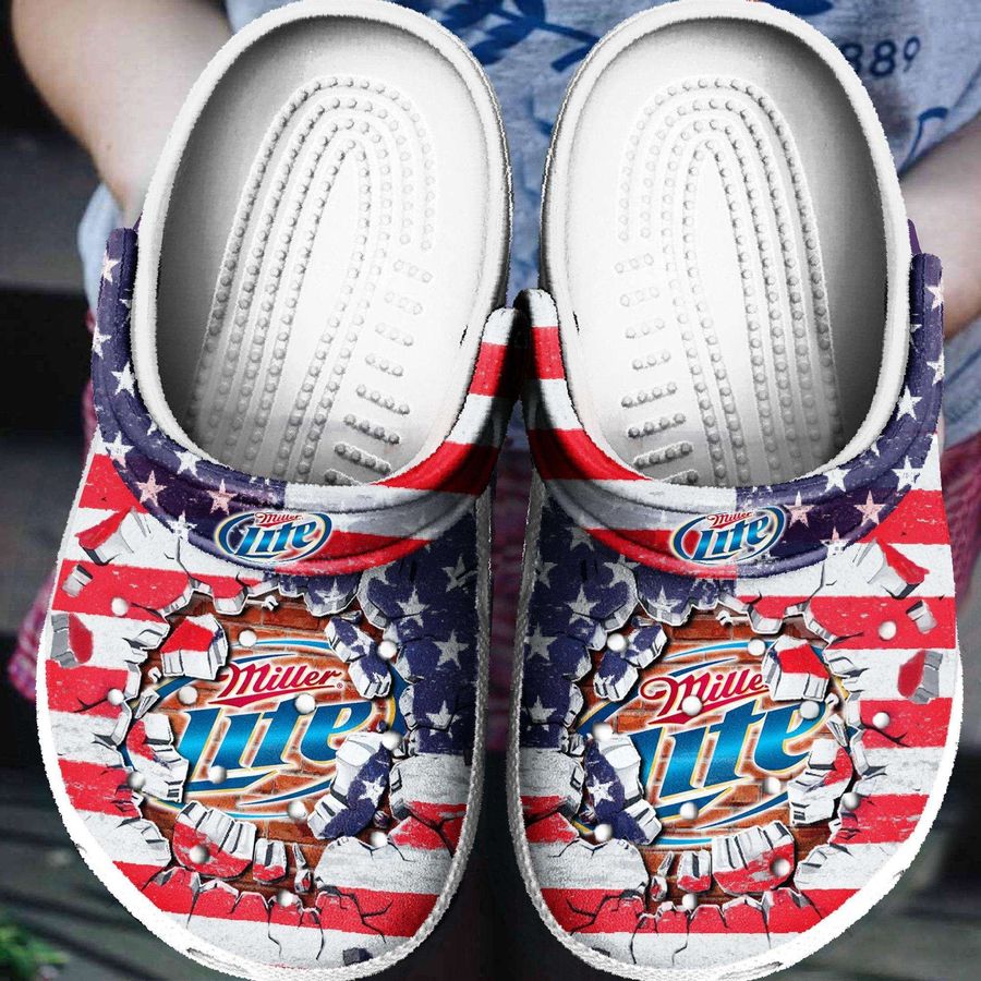 American Flag And Miller Lite Rubber Crocs Crocband Clogs, Comfy Footwear