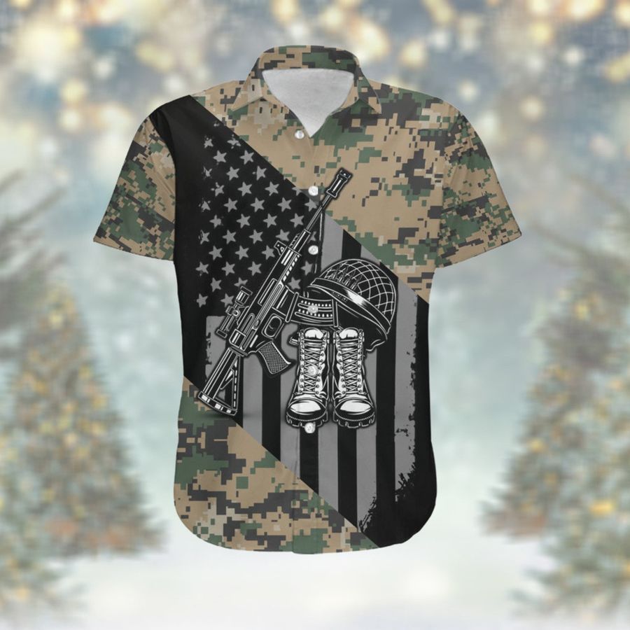 American Flag Veteran Military Symbols Camouflage Men Hawaiian Aloha Tropical Beach Button Up Shirt For Us Marine Corps