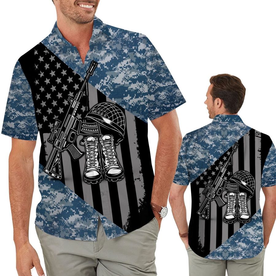 American Flag Veteran Military Symbols Camouflage Men Hawaiian Aloha Tropical Beach Button Up Shirt For Us Navy
