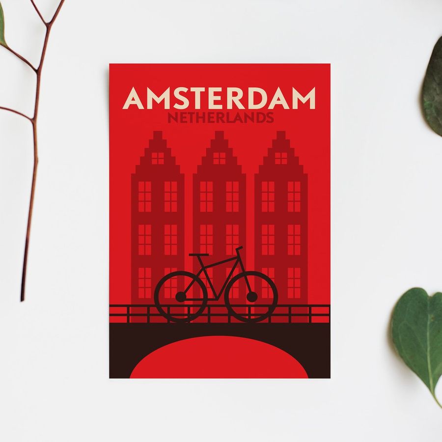 Amsterdam Bike Cityscape Wall Art Print in a Vintage Travel Style on Fine Art Paper - Abstract Landscape Posters
