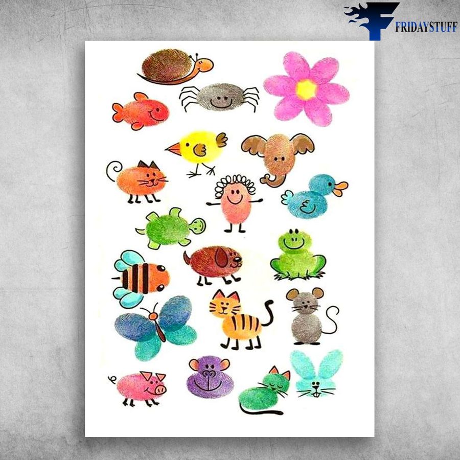 Animals Poster, Gift For Your Child and Cat, Bee, Dog, Frog, Pig, Mouse, Bunny, Duck, Monkey Poster