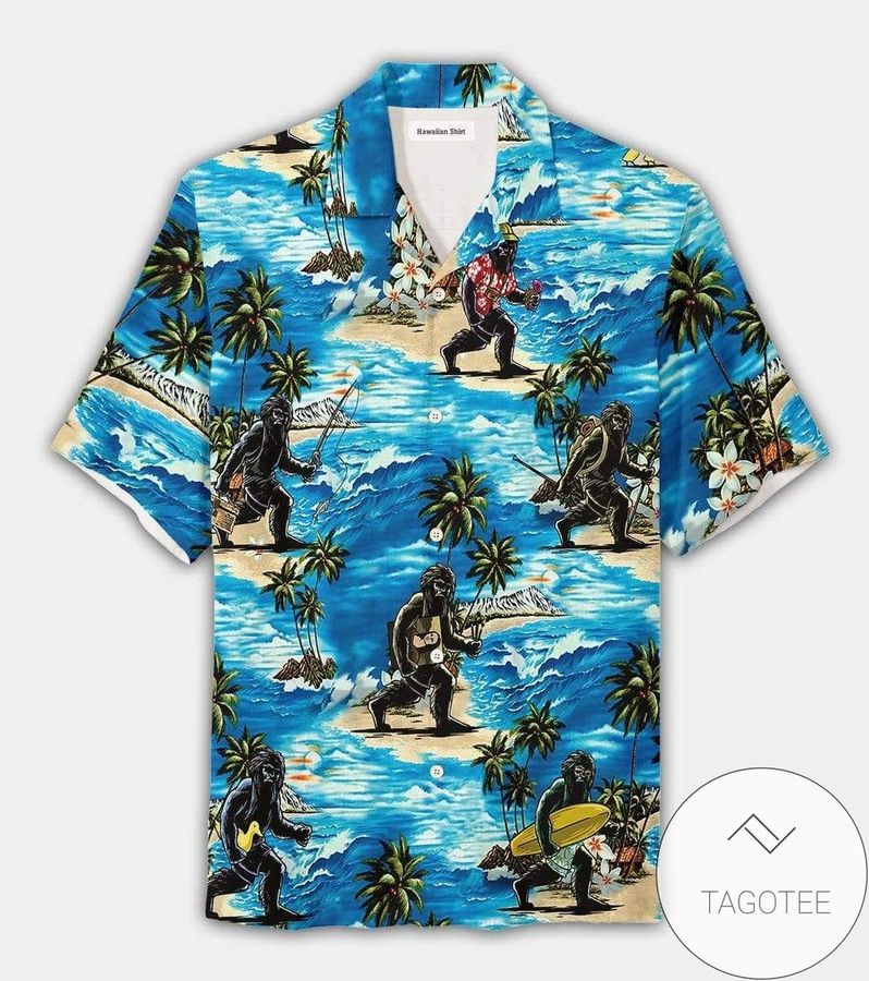 Artistic Bigfoot Surfing On The Beach Summer Tropical Unisex Hawaiian Aloha Shirts
