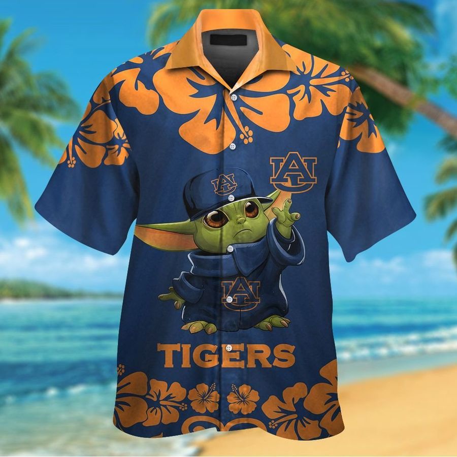 Auburn Tigers Baby Yoda Short Sleeve Button Up Tropical Aloha Hawaiian Shirts For Men Women