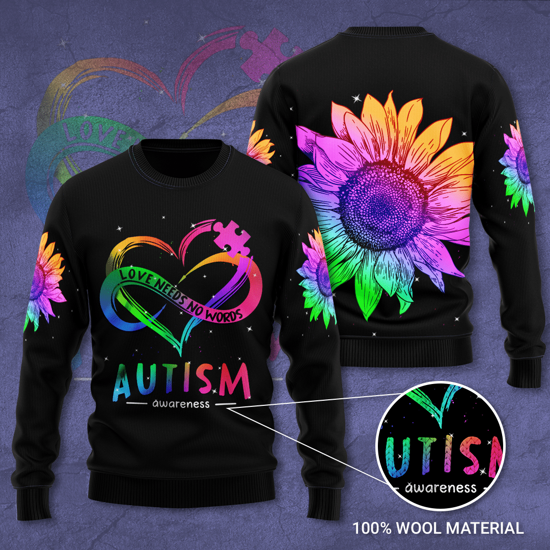 Autism Awareness Love Needs No Words Ugly Sweater black version