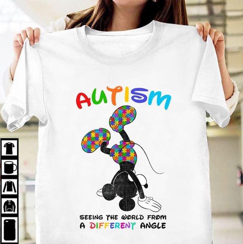 Autism Seeing The World From A Different Angle Up-Side-Down Mickey Mouse White T Shirt Men And Women S-6XL Cotton