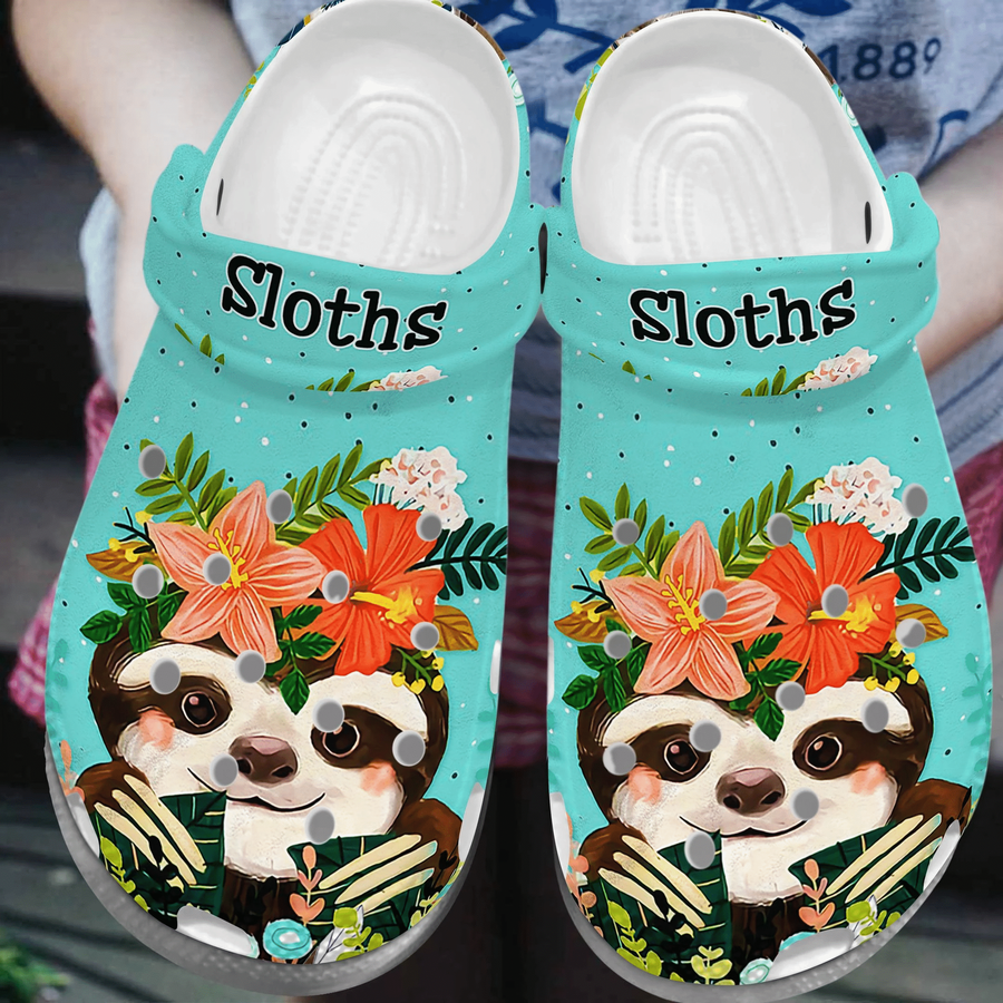 Baby Sloth With Flower Crown Baby Animal Gift For Lover Rubber Crocs Crocband Clogs, Comfy Footwear.png