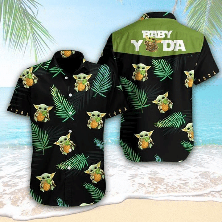 Baby Yoda Hug Pineapple Hawaii Graphic Print Short Sleeve Hawaiian Casual Shirt size S - 5XL