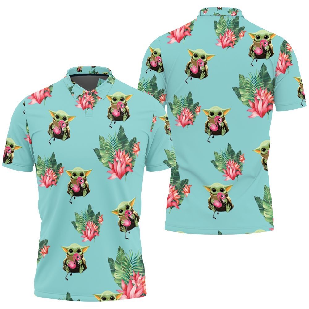 Baby Yoda Hugging Flamingos Seamless Tropical Leaves Lotuses On Teal Polo Shirt All Over Print Shirt 3d T-shirt