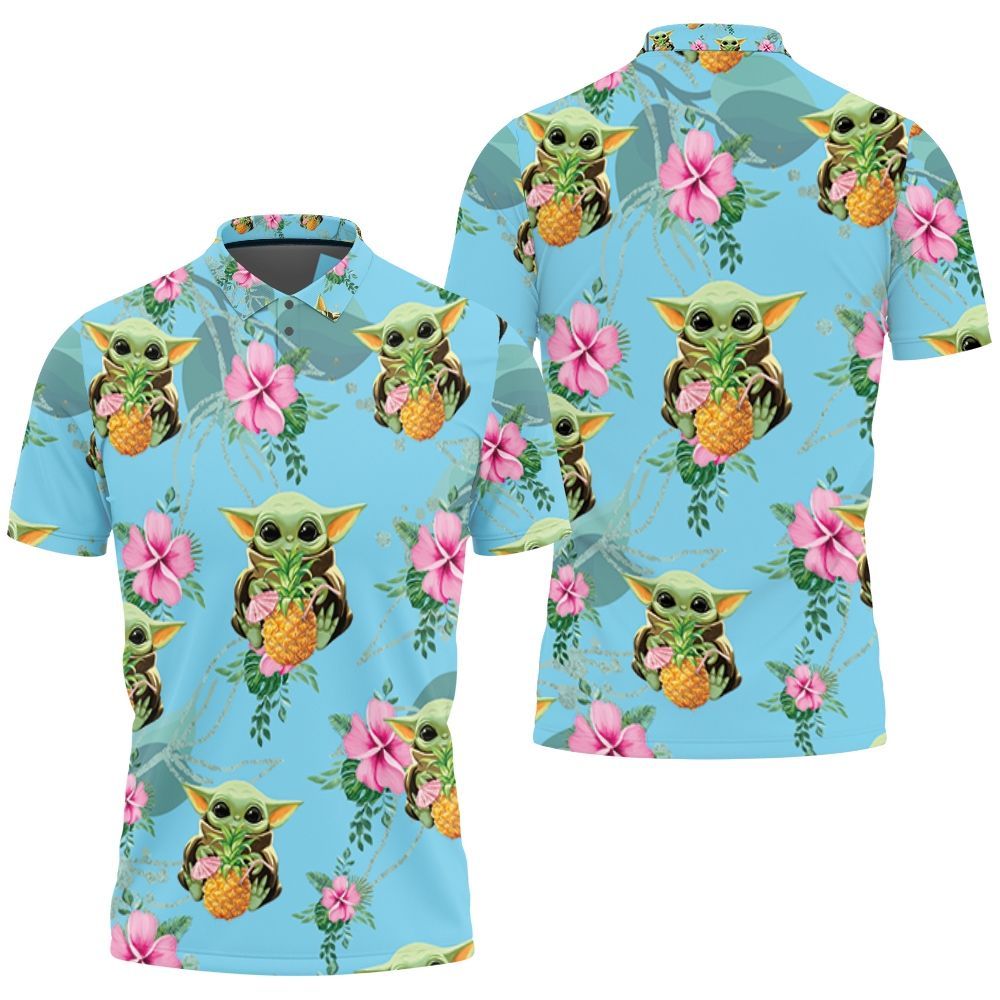 Baby Yoda Hugging Pineapple Seamless Tropical Colorful Flowers On Teal Polo Shirt All Over Print Shirt 3d T-shirt