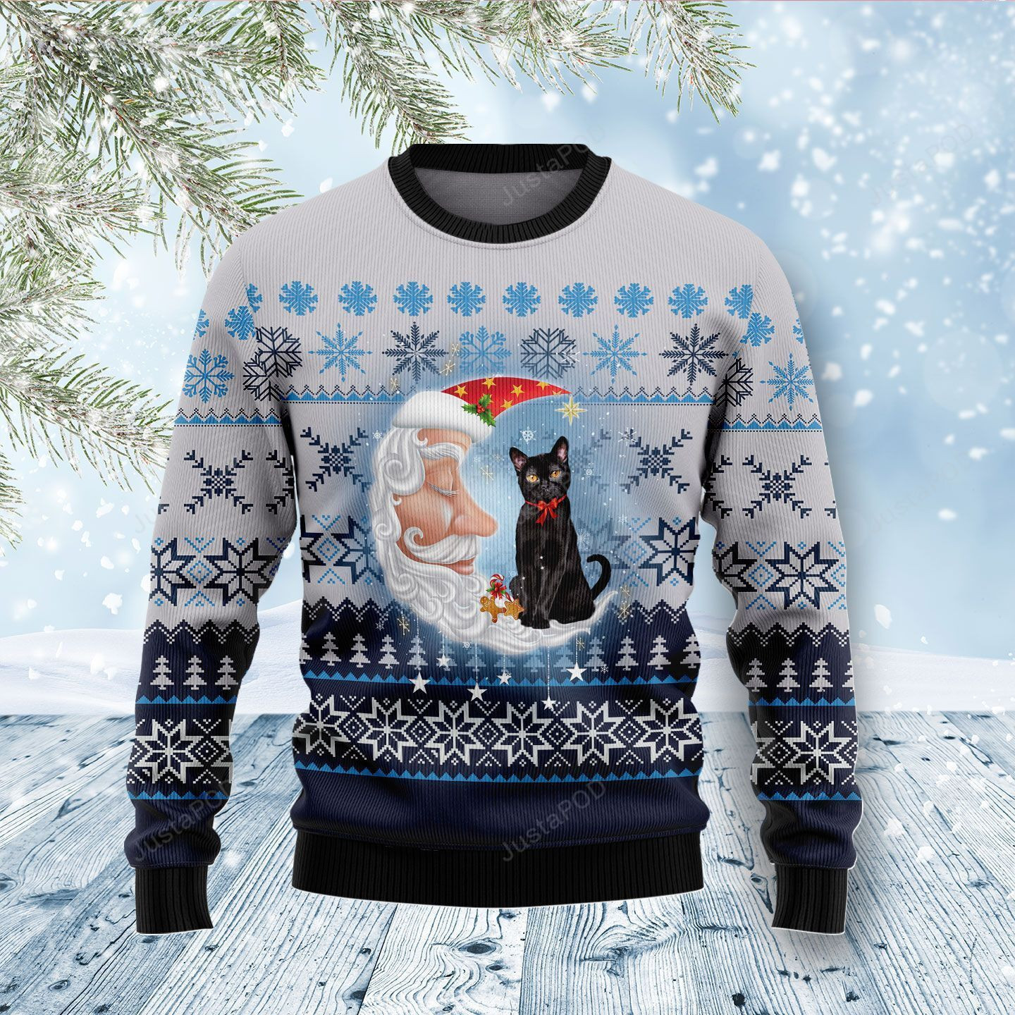 Back Cat Love Santa Moon Ugly Christmas Sweater Ugly Sweater