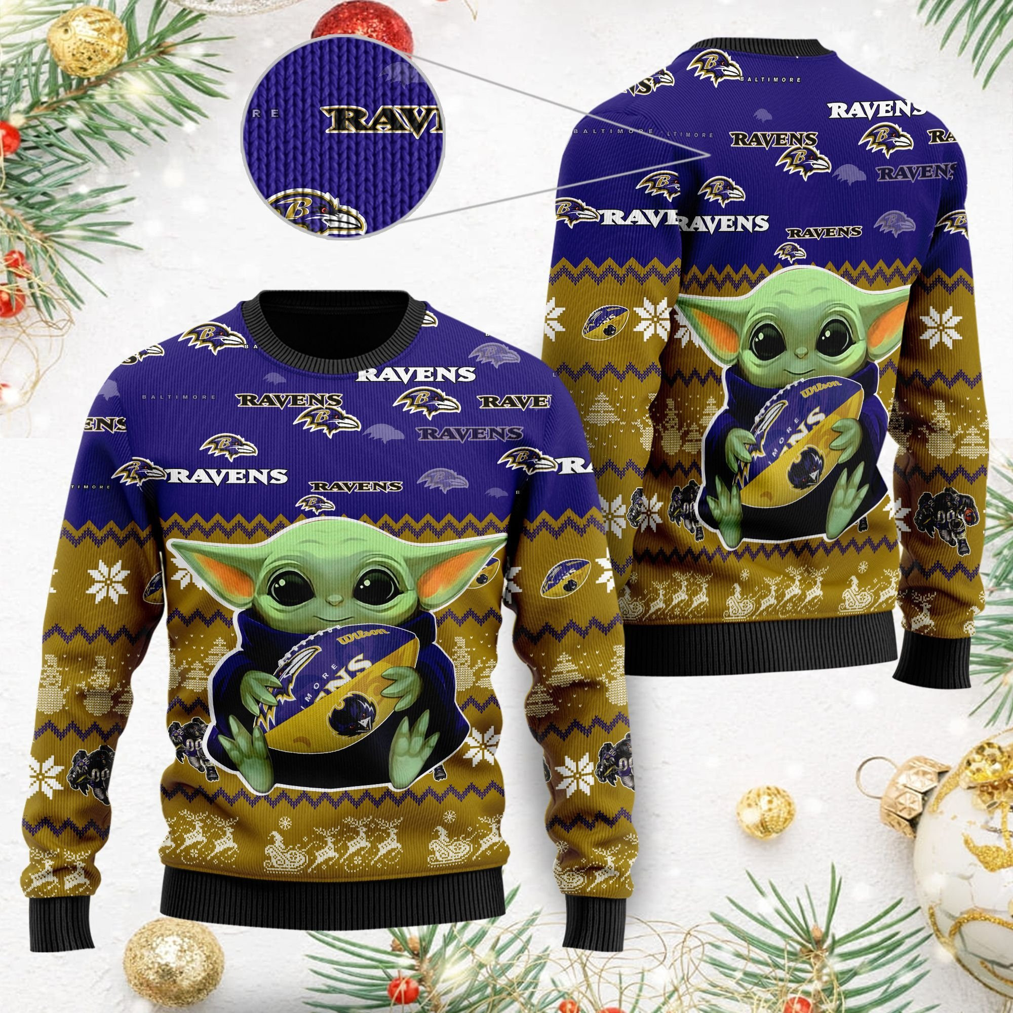 Baltimore Ravens Baby Yoda Ugly Christmas Sweater Ugly Sweater Christmas