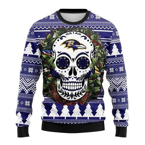 Baltimore Ravens Skull Flower For Unisex Ugly Christmas Sweater All