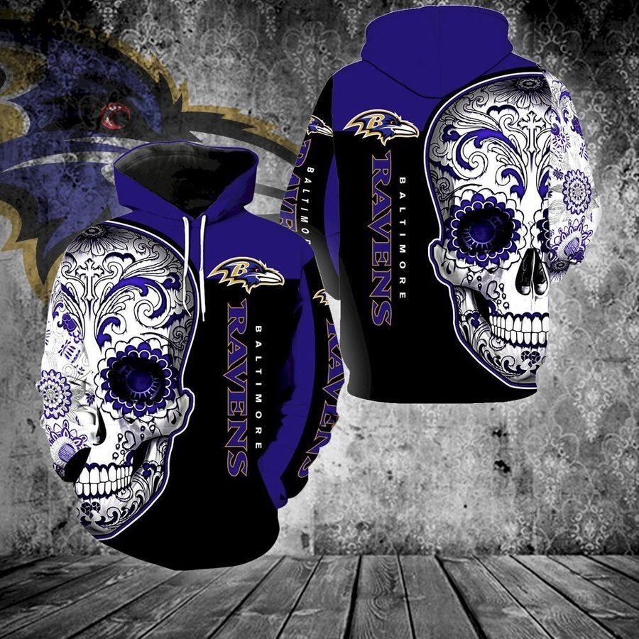 Baltimore Ravens Skull Full All Over Print 3D Hoodie For Men And Women