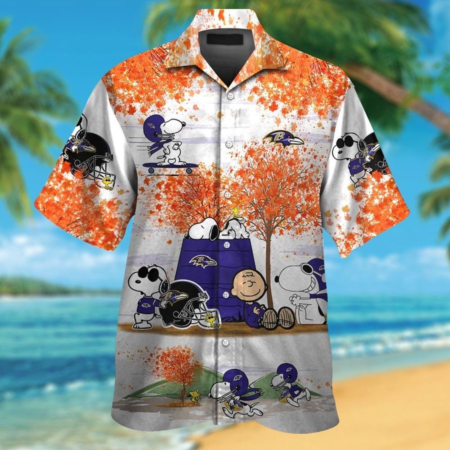Baltimore Ravens Snoopy Autumn Short Sleeve Button Up Tropical Aloha Hawaiian Shirts For Men Women