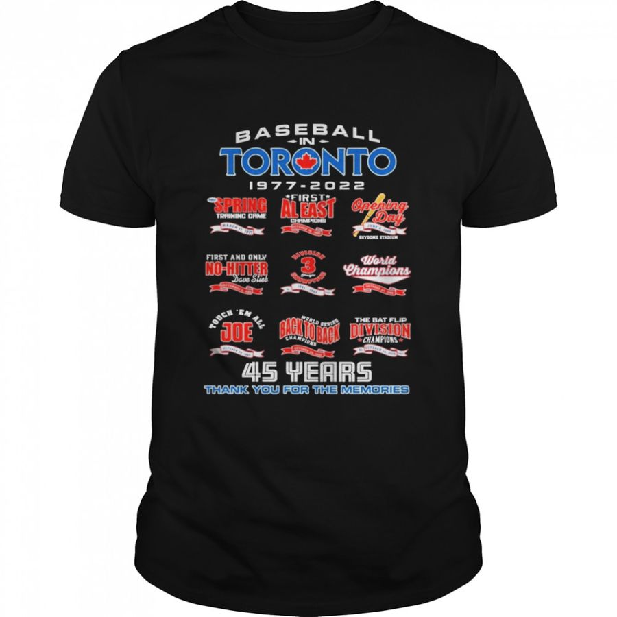 Baseball In Toronto Blue Jays 45 Years 1977-2022 Thank You For The Memories Shirt