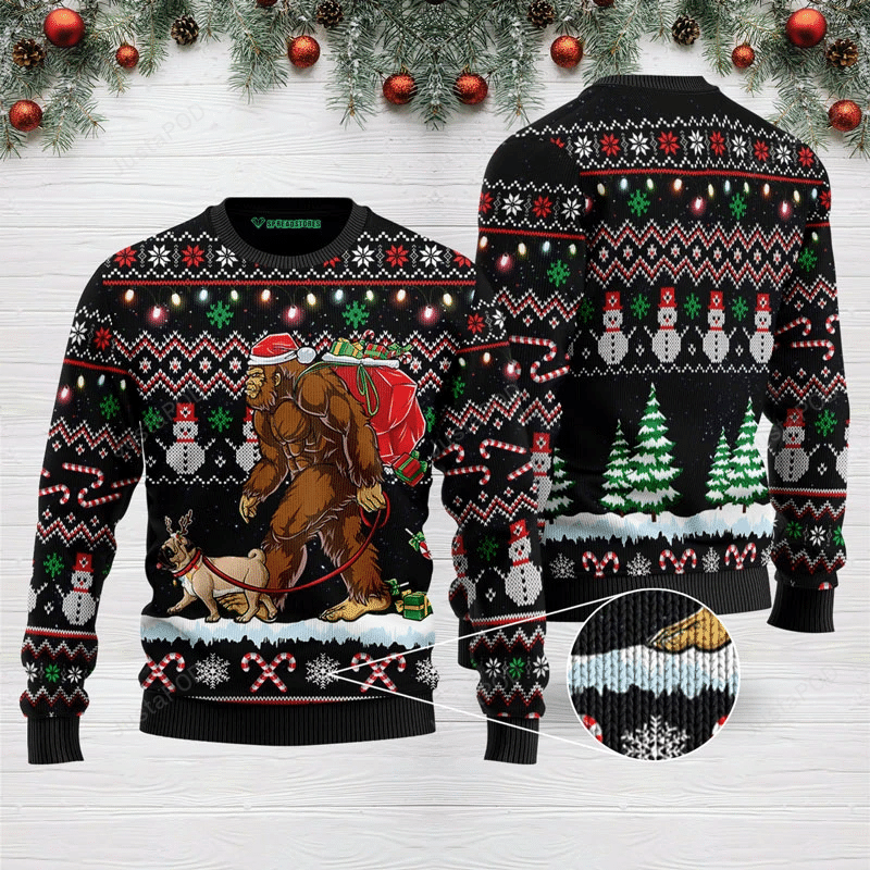 Bigfoot Pug Ugly Christmas Sweater All Over Print Sweatshirt Ugly