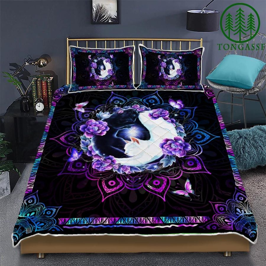 Black and white Cat Couple Mandala Quilt Bedding Set