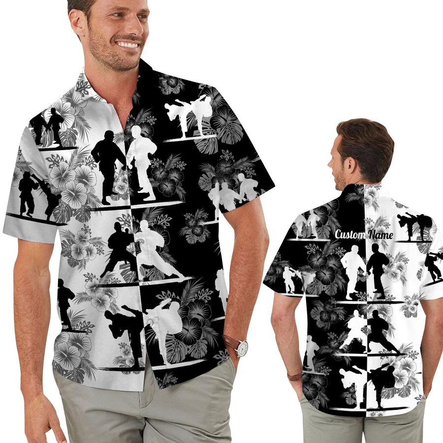 Black And White Karate Tropical Floral Custom Name Personalized Gifts Men Aloha Button Up Hawaiian Shirt For Martial Arts Lovers