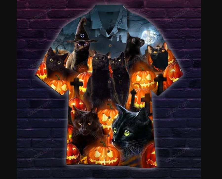 Black Cat And Scary Halloween Pumpkin For Beer Hawaii Shirt