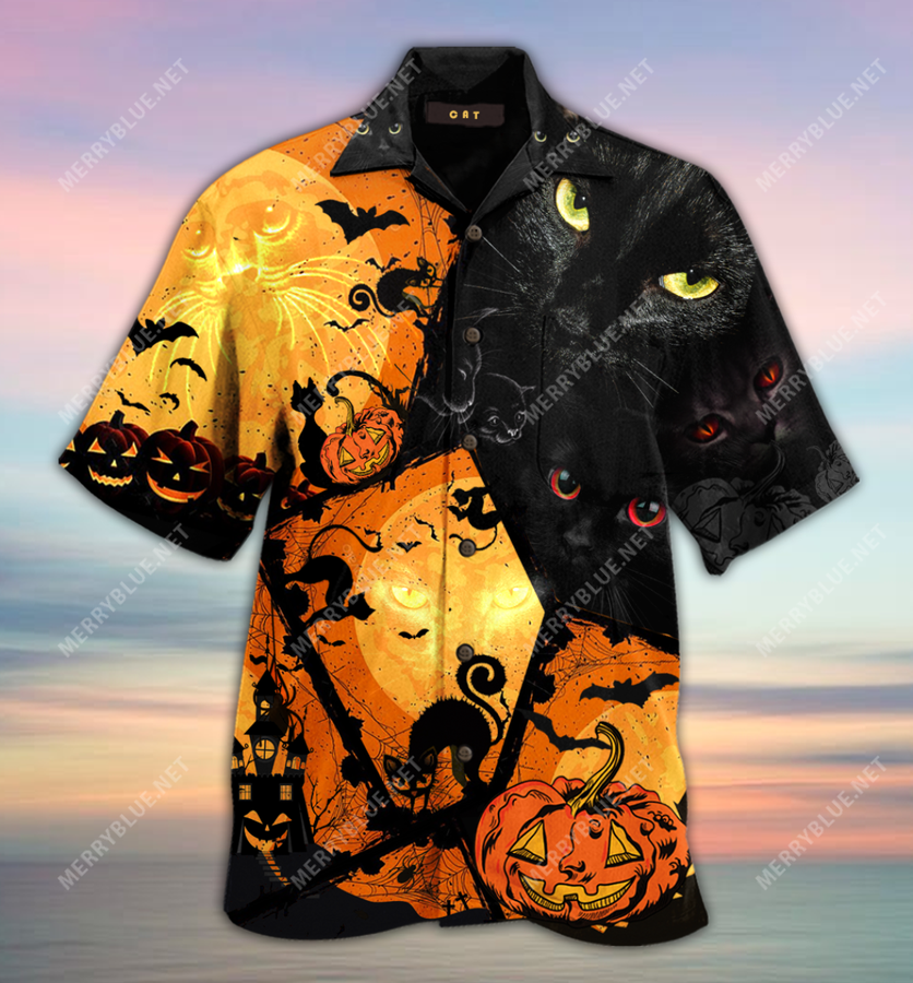 Black Cat Halloween Unisex Hawaiian Shirt.png
