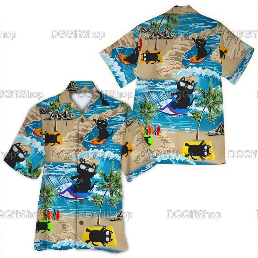 Black Cat Hawaiian Shirts, Cat Summer Shirts, Beach Shirts, Shirt For Men, Gift For Him, Black Cat Gift, Hawaiian Shirt Men  LNG272105A102