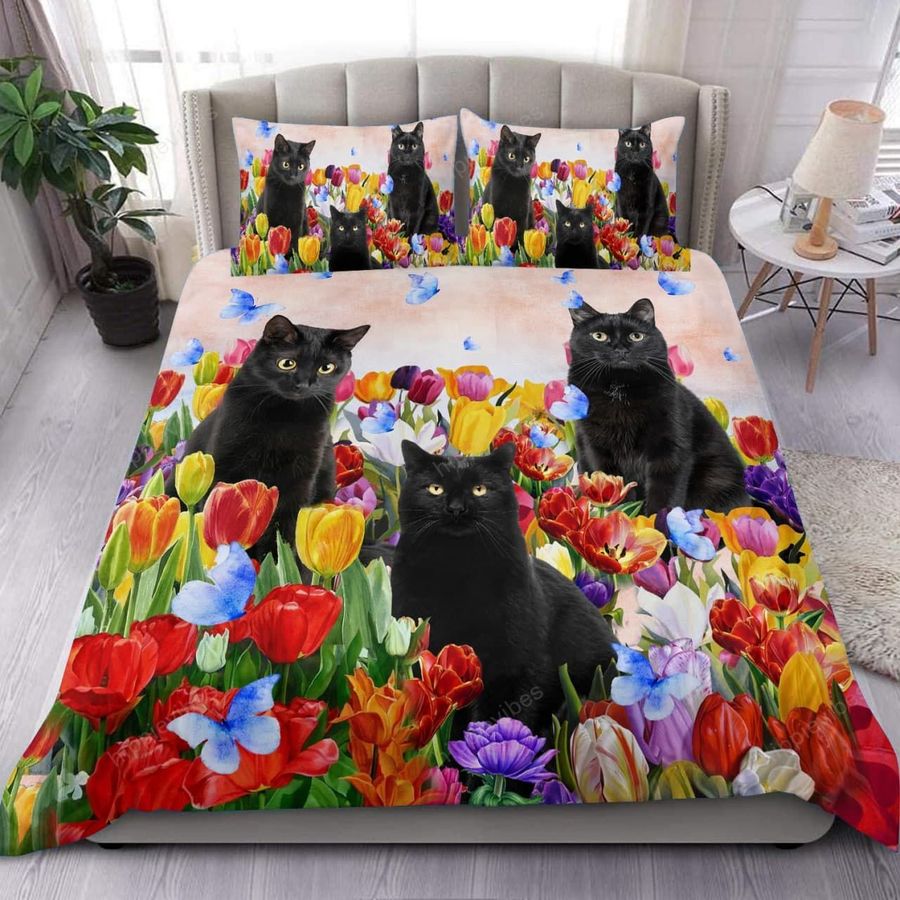 Black Cat Tulip Garden Bedding Set