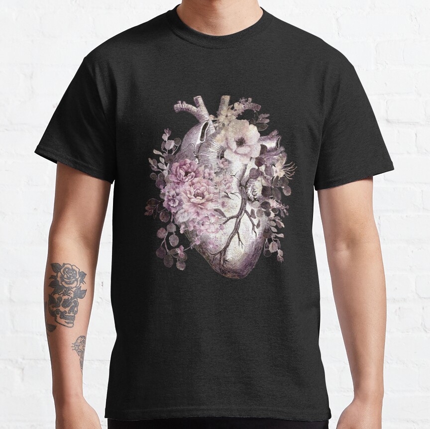 Bloom Floral Heart Human Anatomy pink watercolor style flowers Classic T-Shirt