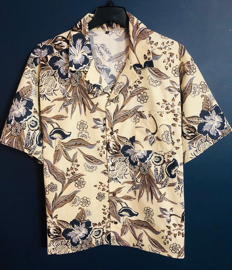 Blue Hibiscus on Beige Hawaiian Shirt, Aloha Shirt, Tropical Shirt, Men's Casual Shirt, Vacation, Birthday, Fathers Day Gift