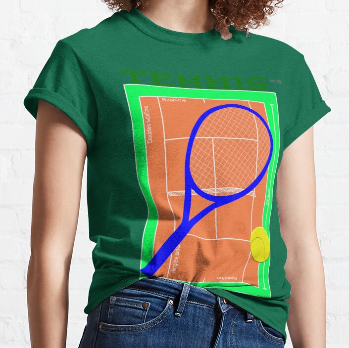 Blue tennis racket graphic with ball and court Classic T-Shirt