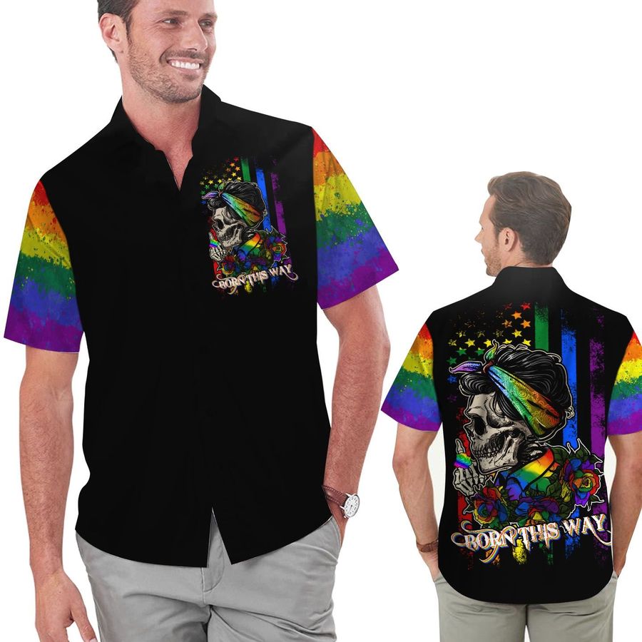 Born This Way Lgbt Flag With Skull Men Hawaiian Shirt For Pride Month