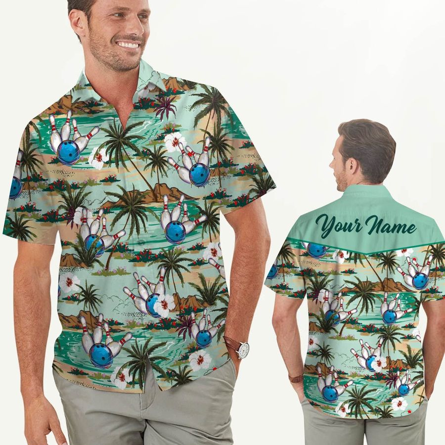 Bowling Coconut Tree And Beach Custom Name Men Hawaiian Shirt For Sport Lovers