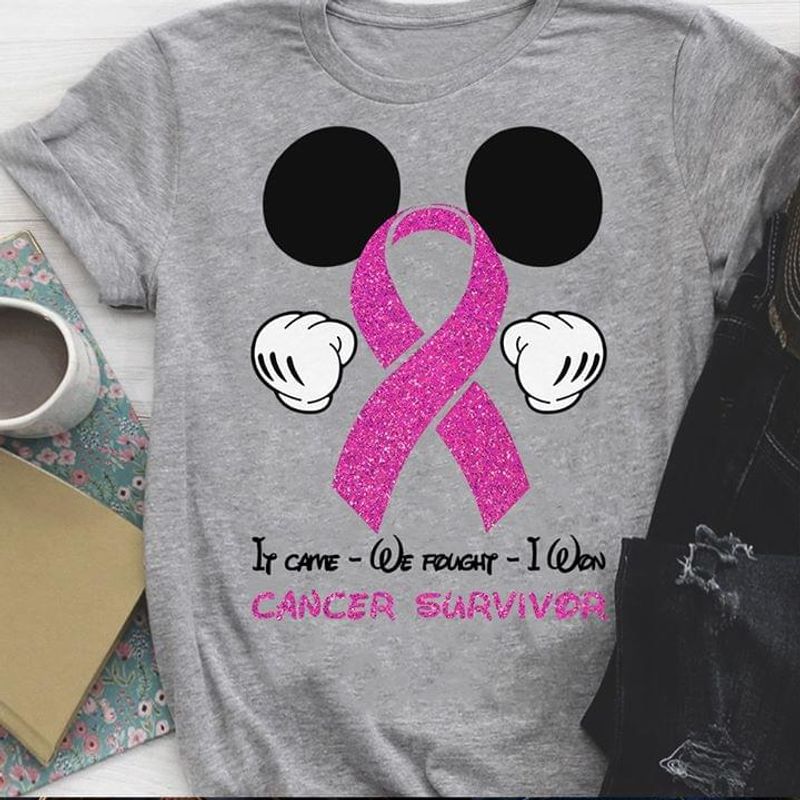 Breast Cancer Awareness It Came We Fought I Won Cancer Survivor Mickey Gray T Shirt Men And Women S-6XL Cotton
