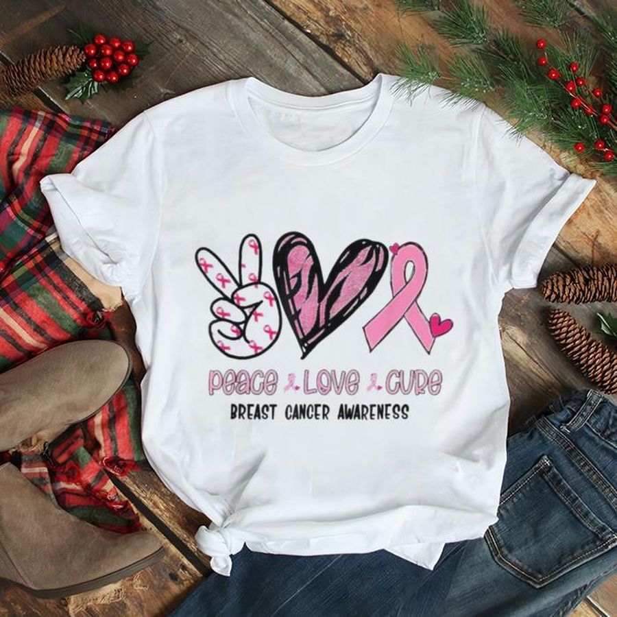 Breast Cancer Peace Love Cure In October We Wear Pink Ribbon T Shirt
