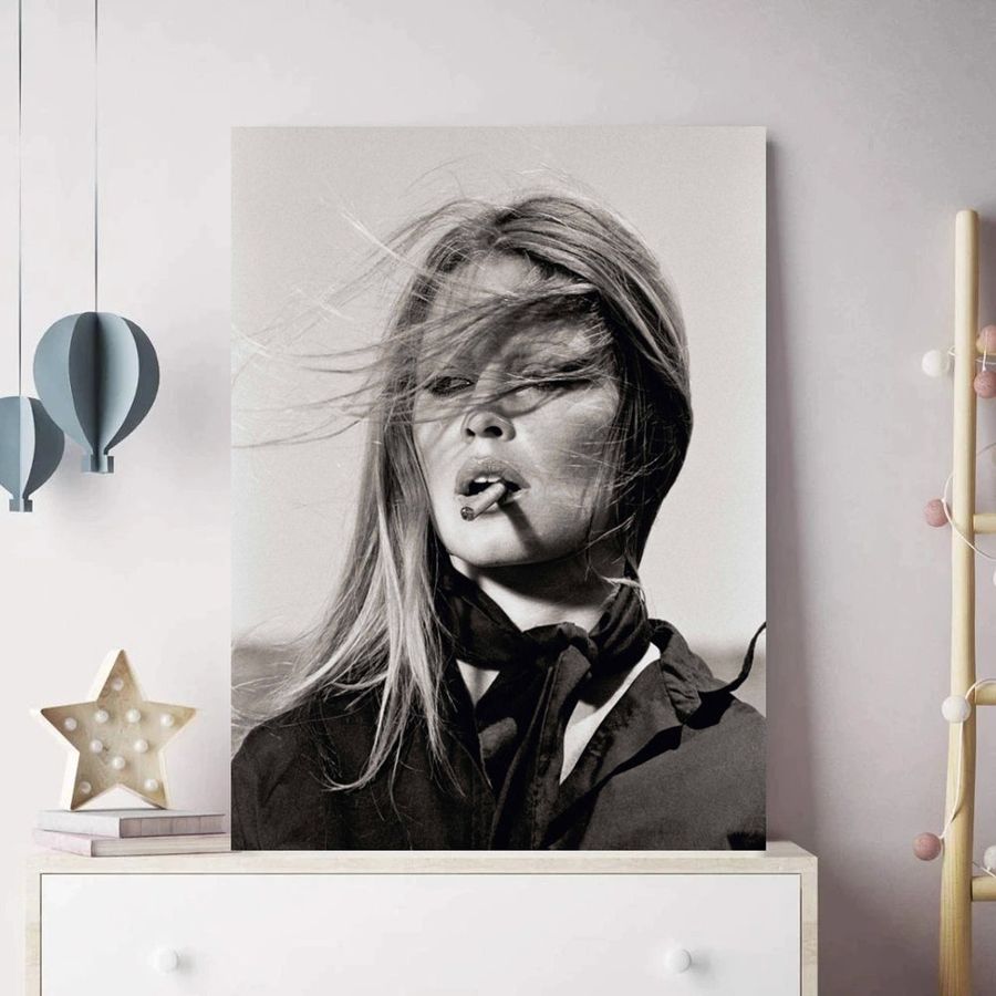 Brigitte Bardot Smoking Poster, Brigitte Bardot Wall Art, Brigitte Bardot Canvas, Singer Canvas, Fashion Art, Gift for Her, Black and White