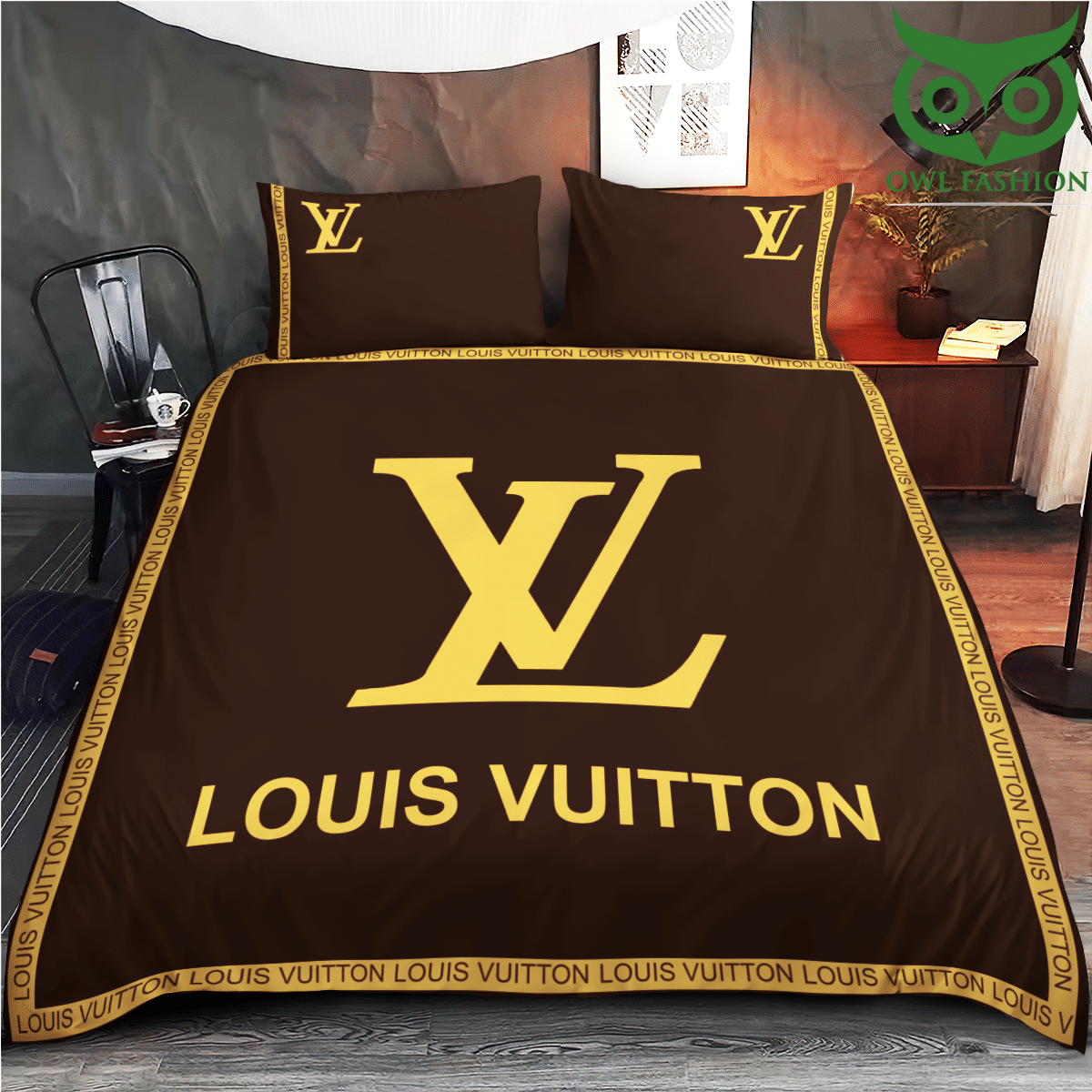 Brown Louis Vuitton logo bedding set