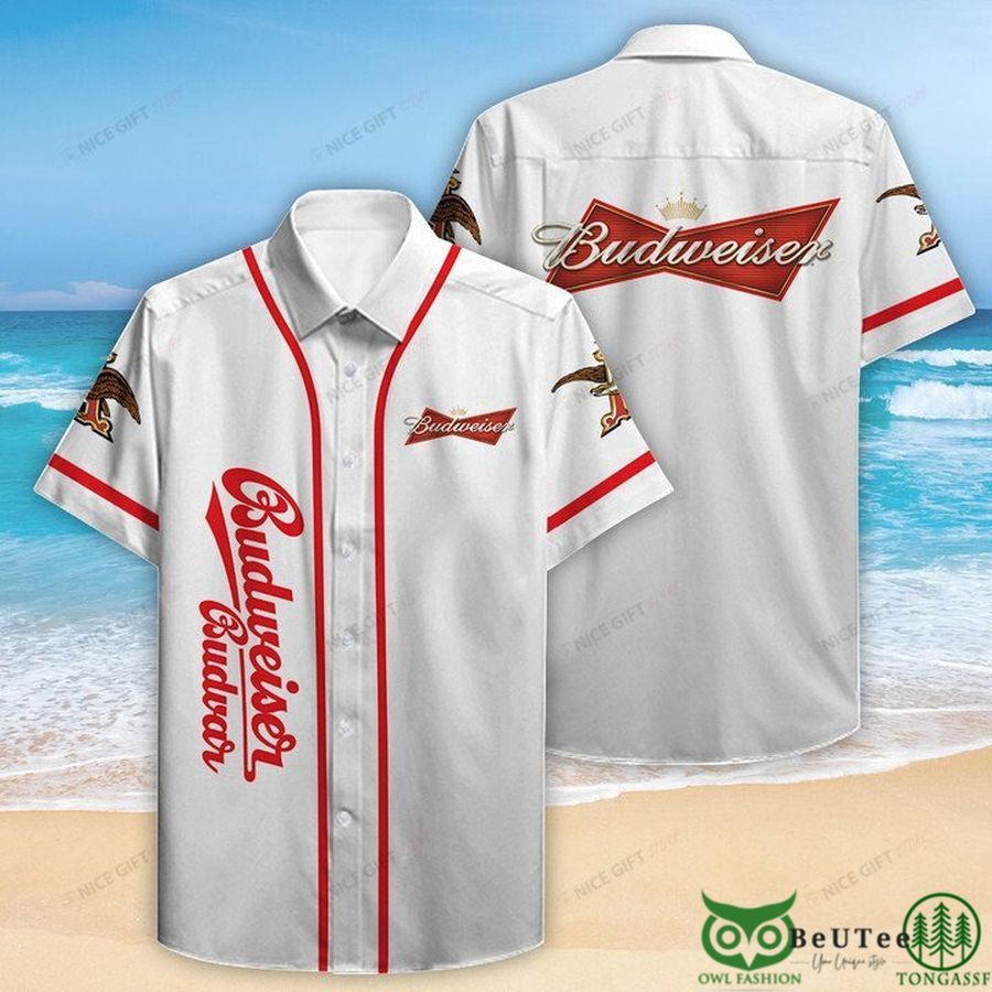 Budweiser Basic White with Red Line Hawaiian Shirt