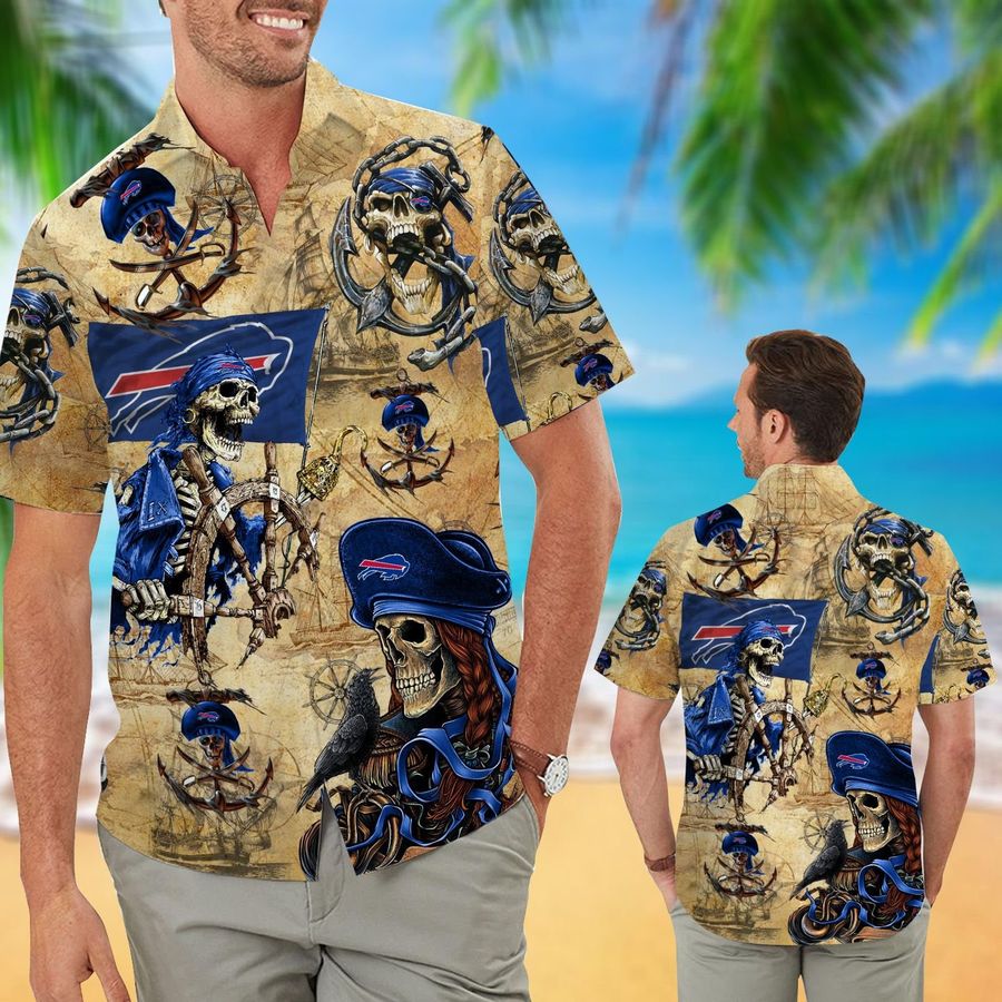 Buffalo Bills Pirates Aloha Hawaiian Button Up Shirt Retro Vintage Style Full Size For Sale